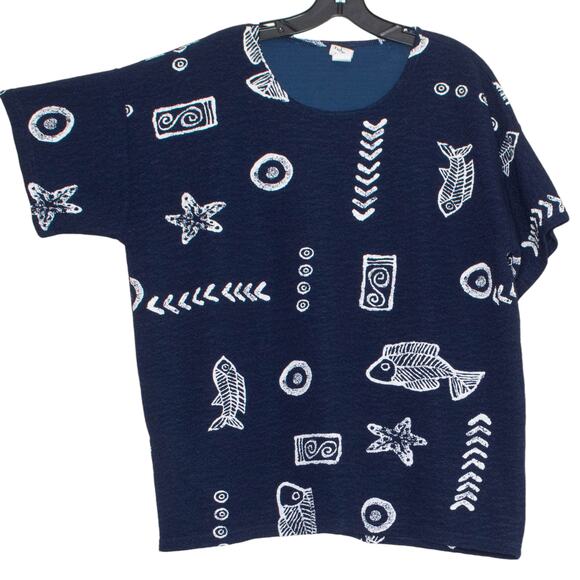 Vintage Top Fish Print Coastal Grandma Beach Boho Nautical Island Boxy Blue 3XL - Picture 5 of 5